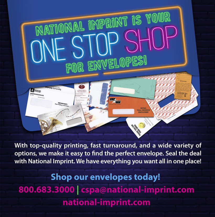 National Imprint is Your One-Stop Shop for Envelopes! Shop our envelopes today! 
800.683.3000| national-imprint.com | cspa@national-imprint.com

